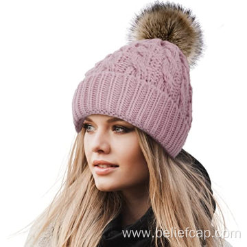 Beanies with Pom Slouchy Knit Cuffed Caps